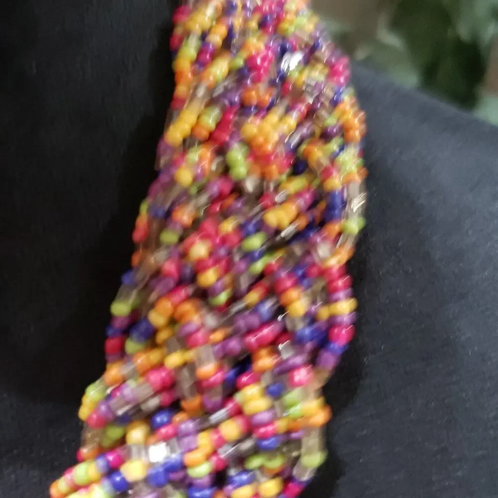 Womens Wide Braided Seed Bead Multi Strand Statement Necklace with Lobster Clasp - Picture 4 of 6